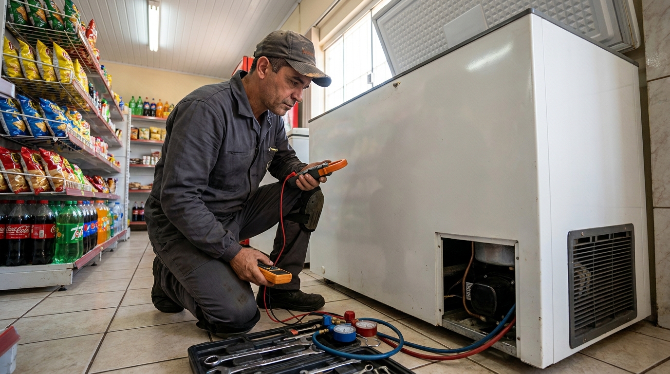 Reparo da placa eletrônica de um freezer em atendimento em Contagem‑MG
