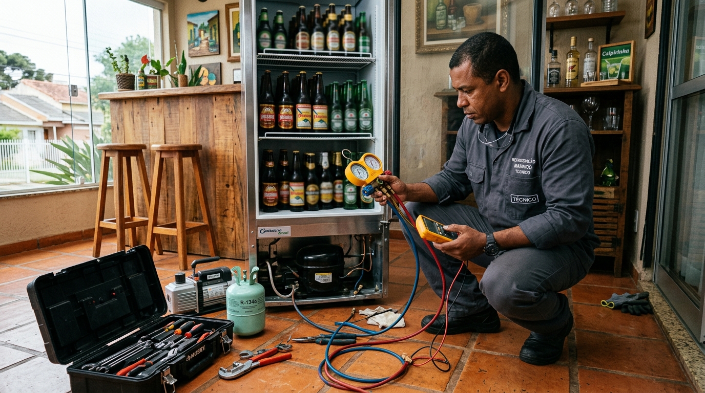 Técnico revisando o motor de uma cervejeira durante chamado em Contagem‑MG