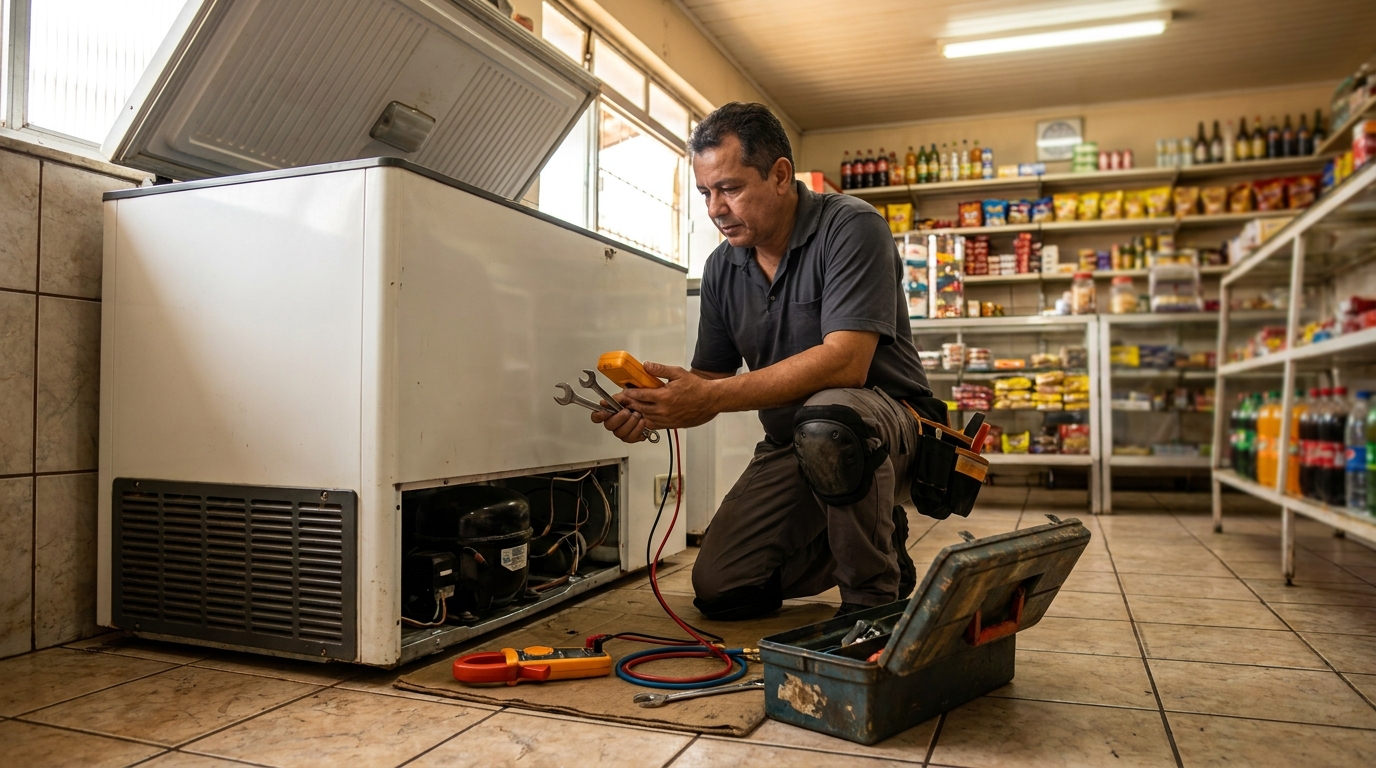 Técnico reparando o motor de um freezer horizontal em Contagem‑MG