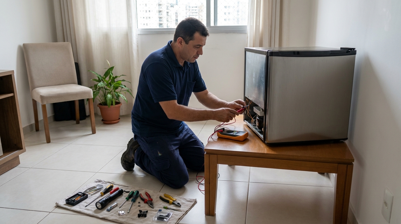 Técnico revisando o motor de um frigobar em Contagem‑MG